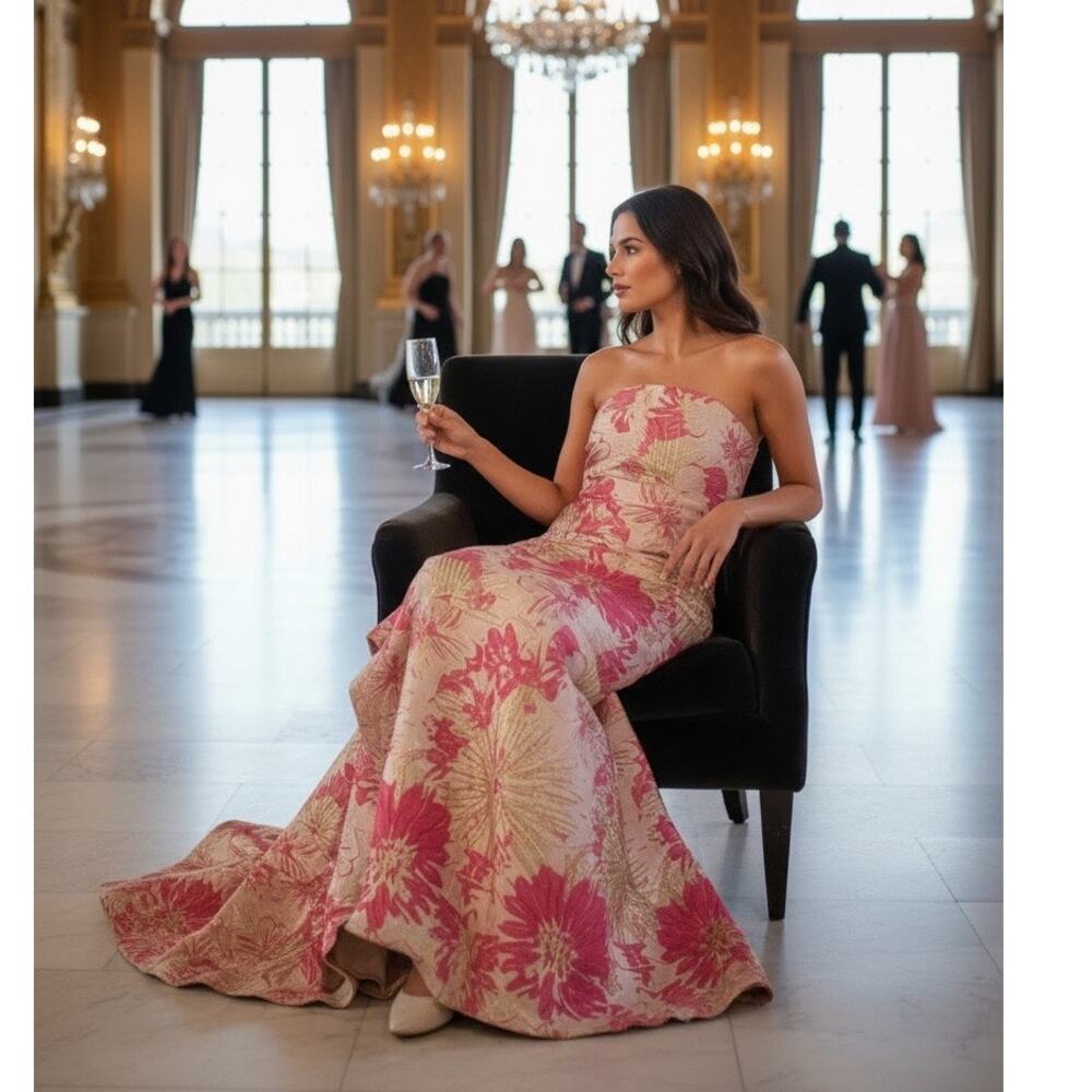 Donna Karan Strapless Floral Gown in Pink and Cream - Picture 2 of 6
